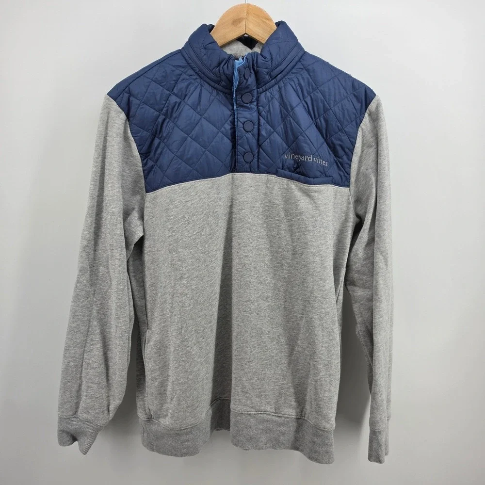 Vineyard Vines Mens Small Gray Blue Quilted Hybrid Shep Shirt Snap Pullover Hood